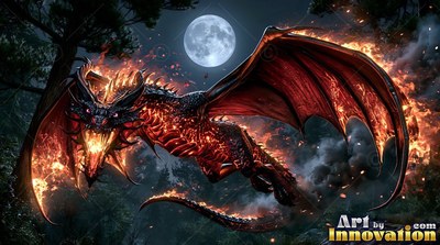 A burning dragon soars through the air through a night forest under bright moonlight