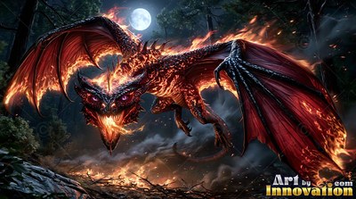 Wings spread wide over a shadowy woods, a flaming red dragon dives under the bright full moon