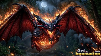 A black dragon with burning wings flies toward you through a dark moonlit forest