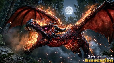 In a moonlit forest, a fiery red dragon swoops with its jaws open wide