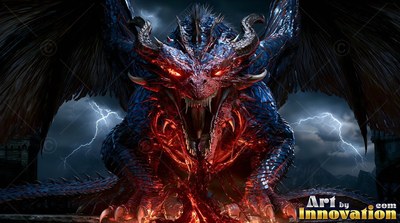 Snarling with open jaws, a horned blue dragon perches before lightning flashes
