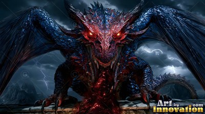 A blue and red winged dragon snarling under a stormy night sky