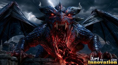 Red eyes glare as a horned bright blue dragon roars on a stone wall under lightning