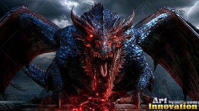 A blue-scaled dragon with two horns snarls with an open mouth forward under lightning with bright red eyes and blood on its jaws