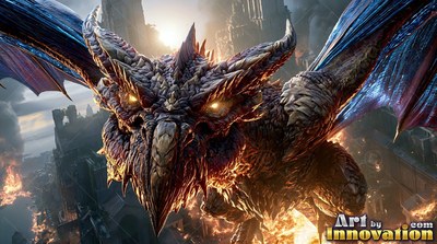 Swooping forward over a burning town, a dragon with two horns spreads blue wings