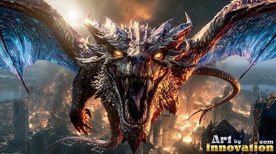 A horned dragon with blue wings roars as it flies straight over a burning city