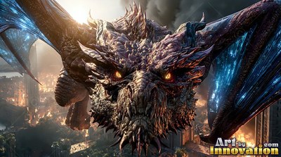Above a burning stone city, a winged dragon soars through the air forward with bright yellow eyes