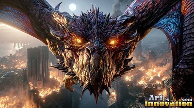 Flying over a burning city, a horned red dragon stares forward under a full moon