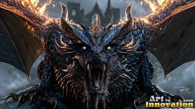 Blue scaled dragon roaring with fire along its wings near castle ruins