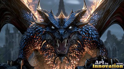 Sharp white teeth bared, a blue scaled dragon perches before dark castle ruins