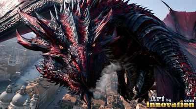 A black dragon glides through the air over a canal city with bright red scales on its horns