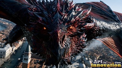 Head-on view of a black and red dragon flying over a coastal city