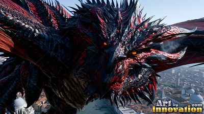 A spiky black and red dragon moves through the air on open wings low over sunlit city rooftops