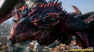 Above a canal city, a black and red horned dragon moves through the air on open wings through daylight