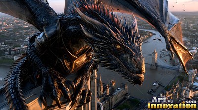 Perched on a high ledge, a dark armored dragon looks out over London in the sun