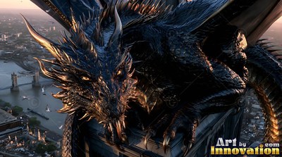 Black dragon with two horns perched on a tower over London