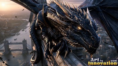 Golden horns crown a black dragon perched on a gothic tower overlooking London at dawn