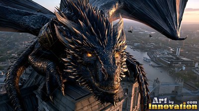 A black dragon rests atop a tall stone building, its yellow eyes lit by sunset