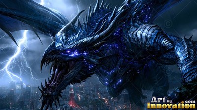 Leaning forward over a dark city, a blue-scaled dragon gives a loud roar near lightning flashes