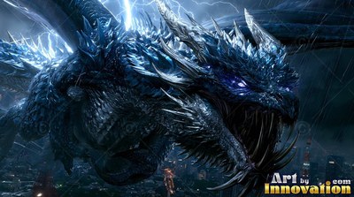 A spiky dragon roars over a city during a dark lightning storm
