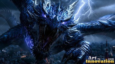 Above a night city during a lightning storm, a spiky dragon with blue scales roars
