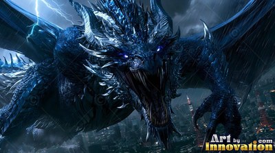 Roaring in a rainy storm, a spiky blue dragon flies over a modern city at night