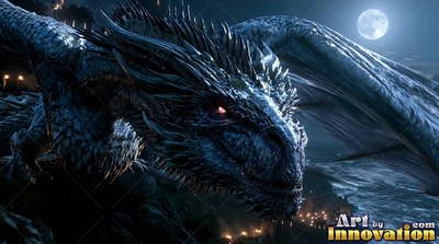 Dark spiky dragon flying under a round moon at night