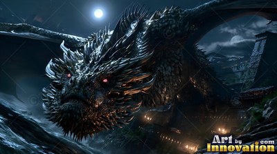 Red eyes shine on a spiky black dragon flying near a castle under a moon