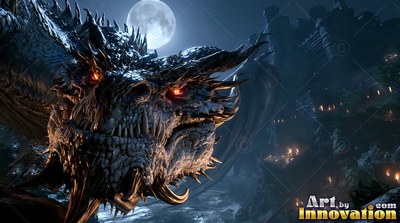A dark dragon bares its sharp teeth under the white light of a bright full moon