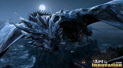 Flying toward the view, a dark bright blue dragon glides over a moonlit sea castle