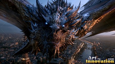 A spiky dragon with bright blue eyes flies over the city of Paris at dusk