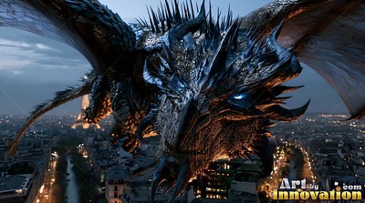 Above a city at dusk, a dark spiky dragon swoops toward the viewer with blue eyes