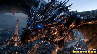 Flying over Paris at night, a black spiky dragon looks ahead with bright blue eyes