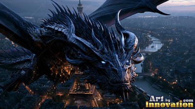 Black dragon with blue eyes flies above Paris at night
