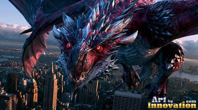 Spiky silver scales cover a red dragon flying low over a sunlit modern city skyline