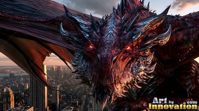 Facing forward over a city, a horned red dragon spreads its dark wings