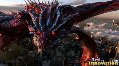 A red dragon with bright red eyes flies close over a city in daylight
