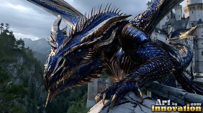 On a stone castle wall, a dark blue dragon with gold horns crouches low