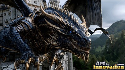Perched on stone castle walls, a dark blue dragon spreads its wings beside green hills