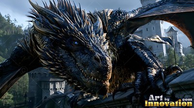 A black spiky dragon perches on a stone castle roof