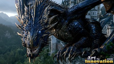 Spiky black scales cover a dragon perched on a high stone castle wall above pine trees
