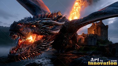 A black dragon roars by a stone castle with orange fire shining inside its open mouth