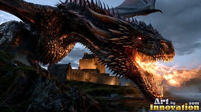 Coiled on dark rocks beside a stone castle, a black dragon breathes fire