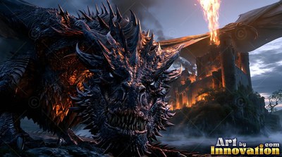 A horned black dragon rests on dark rocks as orange fire rises by a stone castle