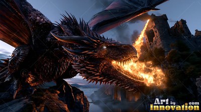Near a stone castle, a black dragon breathes fire from its open mouth