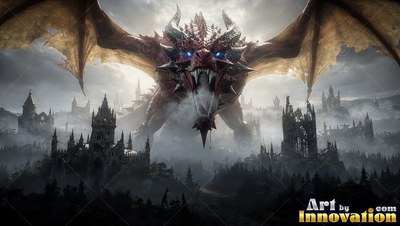 Roaring with wings spread, a red dragon with two horns rises above ruined stone castles in gray fog
