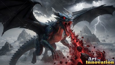 A winged black dragon breathes red fire above stormy mountains