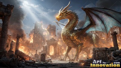 Shining golden scales cover a dragon standing in burning stone ruins under bright sunlight