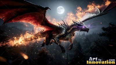 A winged dragon leaps through a burning forest under the pale light of a bright full moon