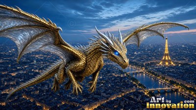 Wings outstretched over Paris at night, a golden dragon glides